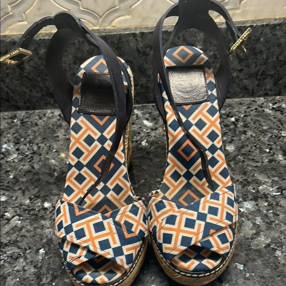 Tory Burch Navy & Orange Geometric Espadrille Wedge Sandals